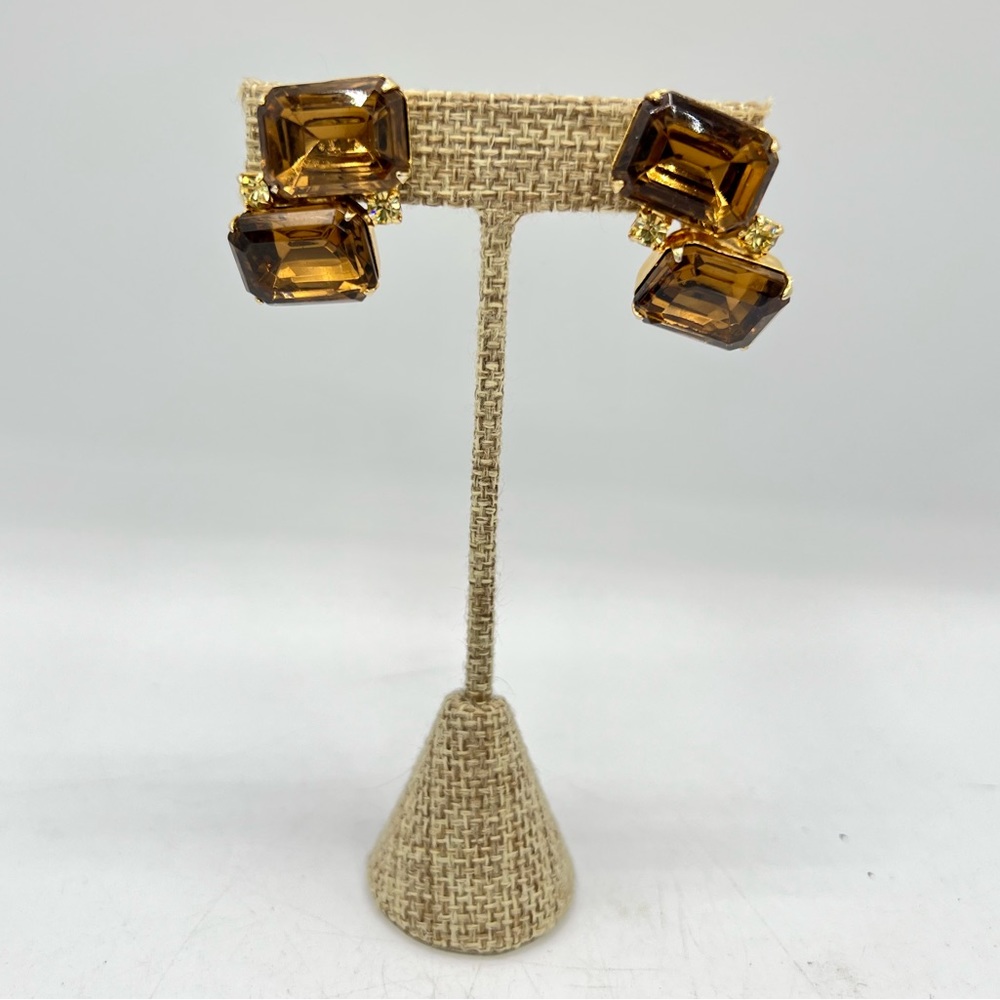 Vintage brown rhinestone clip on gold tone geometric earrings